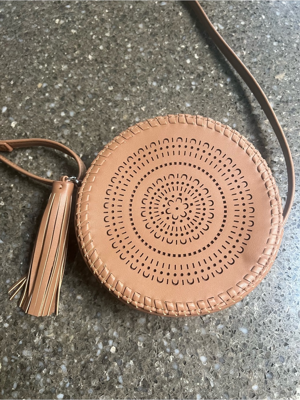 art class Small Round Tan Crossbody Bag with Tassel Accent Boho Hippie-Chic
